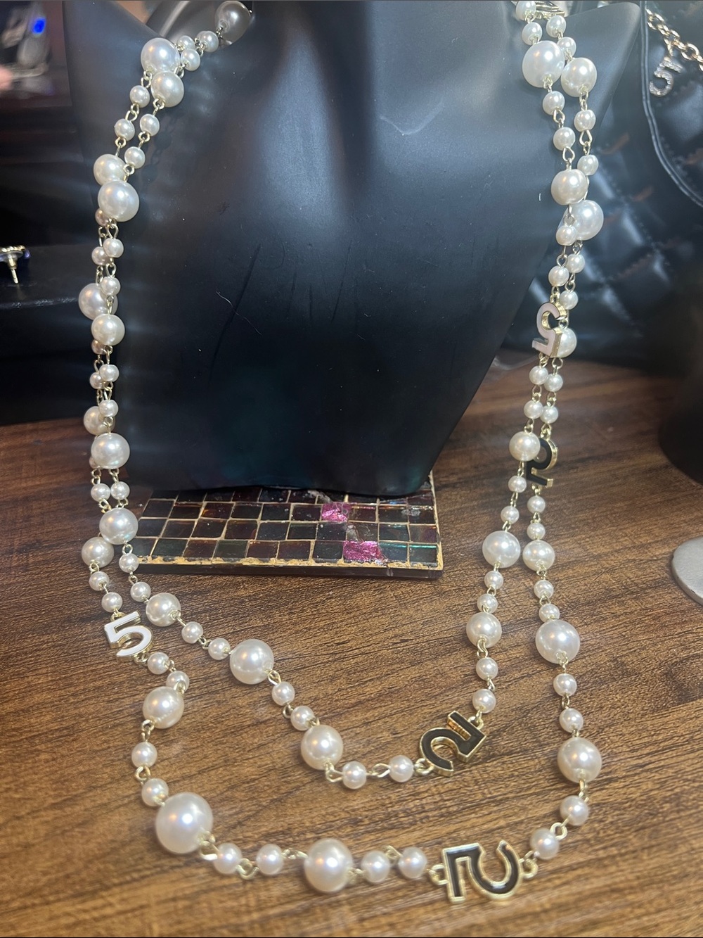 Long White Pearl Necklace with Black and White 5 Accent - Gold Strand